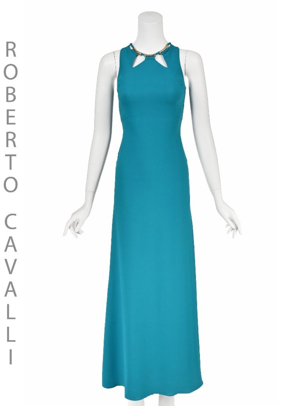 ROBERTO CAVALLI Early 2000s Turquoise Maxi Gown with Cut Outs and Gold Hardware